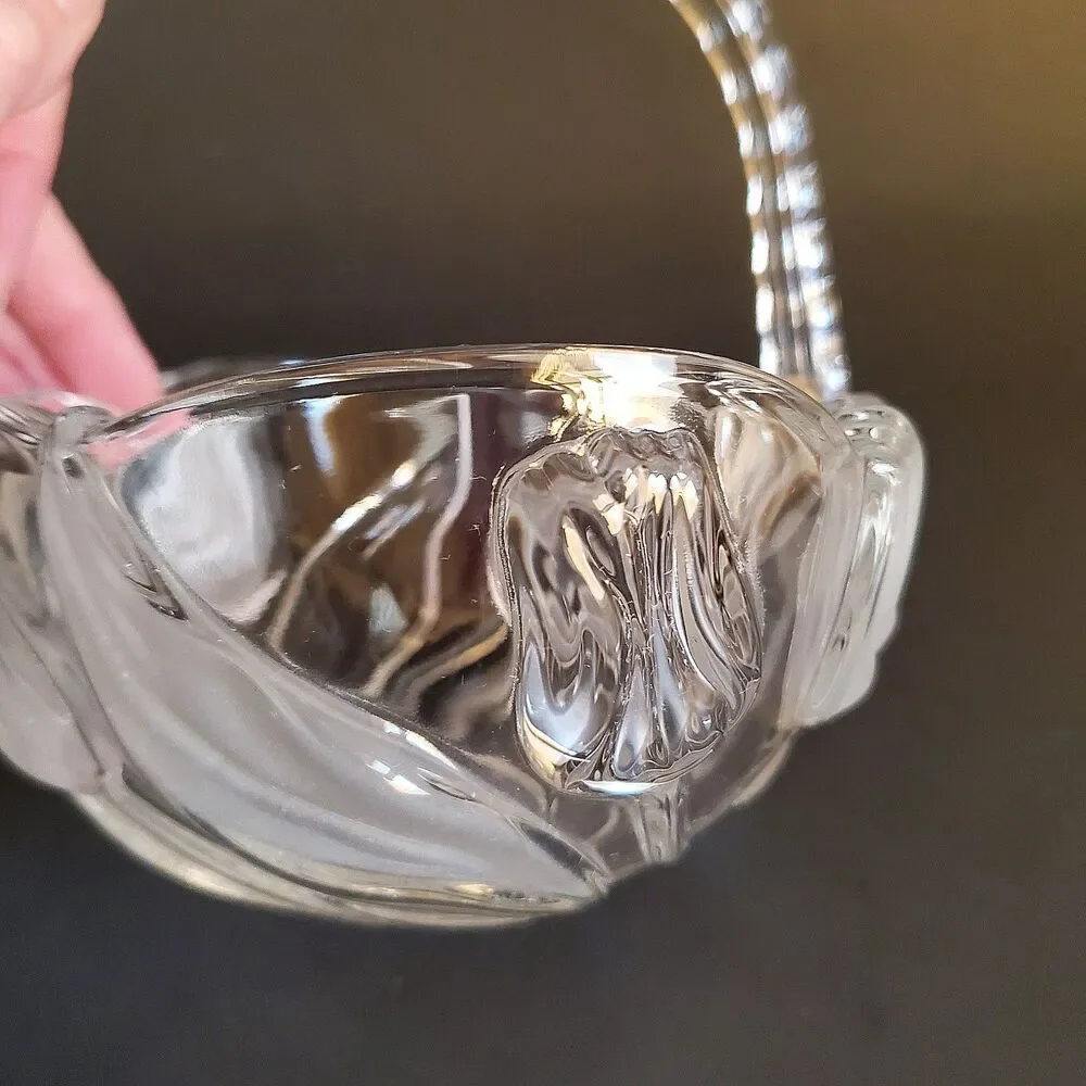 90s Mikasa Nadine Frosted Tulip Elegant Polished Glass Basket Acrylic Handle Vtg